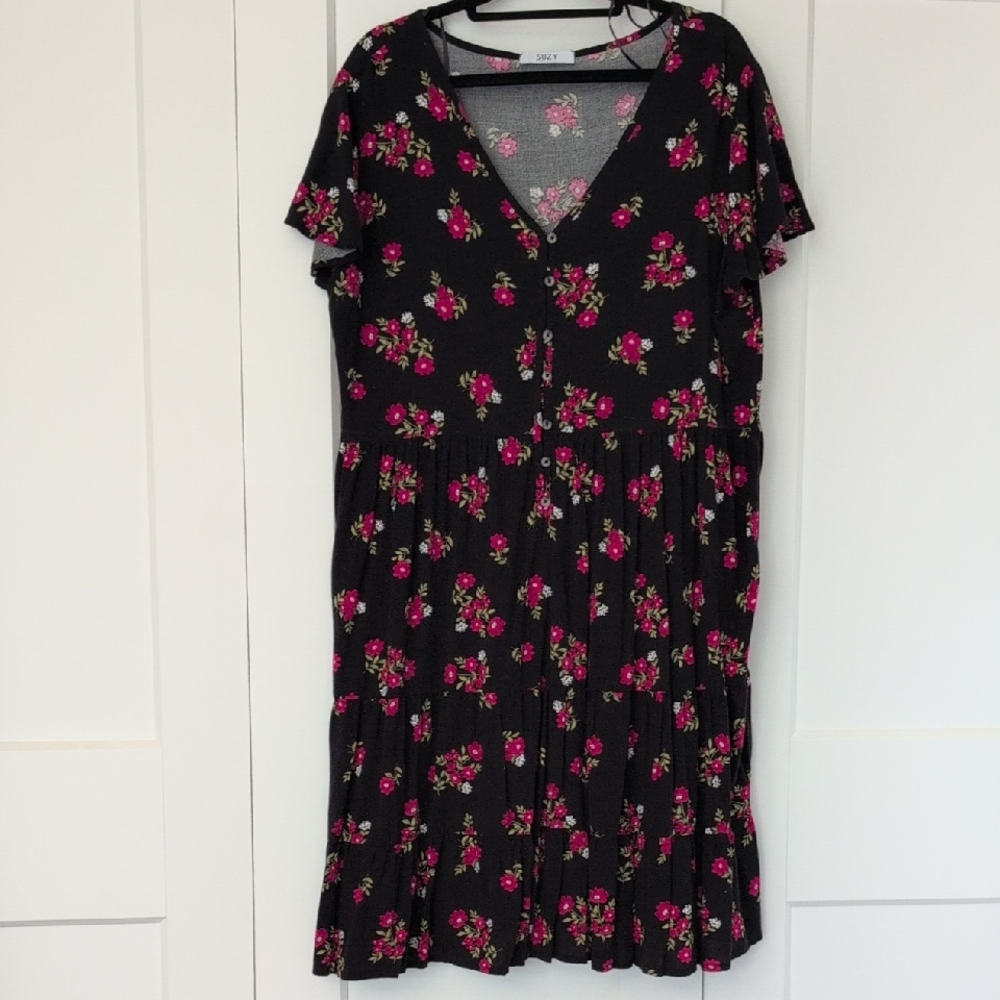 Suzy Shier Black Dress with Pink Floral Pattern